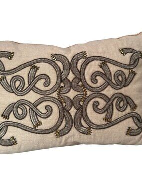 Ethan Allen Beaded Embroidered Throw Pillow Linen Rectangular Decorative Accent